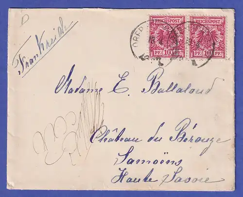 Deutsches Reich 10 Pfg Mi.-Nr. 47 d waag. Paar auf Brief nach Samoëns 1895
