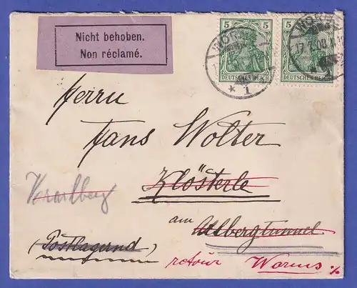 Dt. Reich Germania 5 Pfg Mi-Nr. 85 auf unzustellbarem Brief nach Vorarlberg 1908