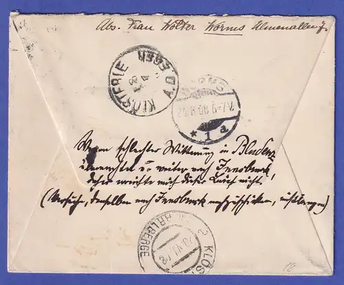 Dt. Reich Germania 5 Pfg Mi-Nr. 85 auf unzustellbarem Brief nach Vorarlberg 1908