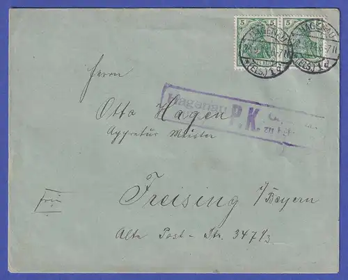 Dt. Reich Germania 5 Pfg Mi-Nr. 85 I a Paar auf Brief O HAGENAU n. Freising 1914