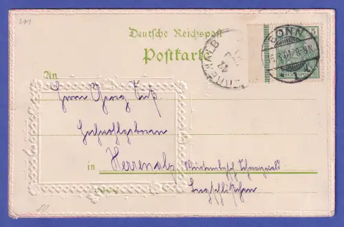 Dt. Reich 5 Pfg Randstück Mi.-Nr. 55 auf geprägter AK Bonn Münsterkirche 1901