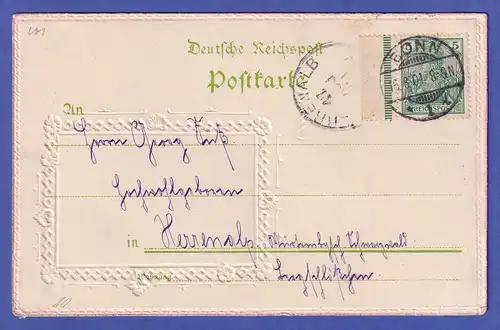 Dt. Reich 5 Pfg Randstück Mi.-Nr. 85 auf geprägter AK Bonn Münsterkirche 1901