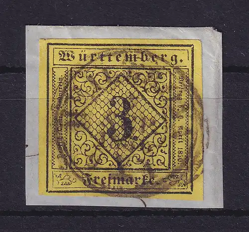 Württemberg 3 Kreuzer gelb Mi.-Nr. 2 a  O Heilbronn (?) auf Briefstück