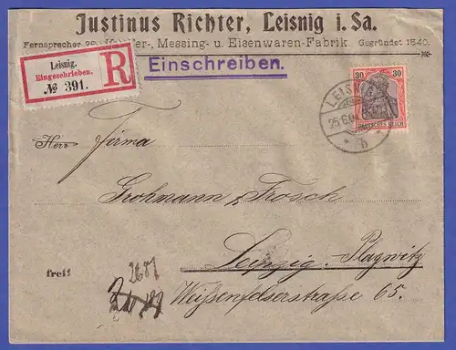 Dt. Reich Germania 30 Pfg Mi-Nr. 74 als EF auf R-Brief nach Leipzig-Plagwitz 