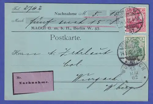 Dt. Reich Germania  Mi-Nr 70 und 71 auf Nachnahme-Postkarte der Firma MAGGI 1902