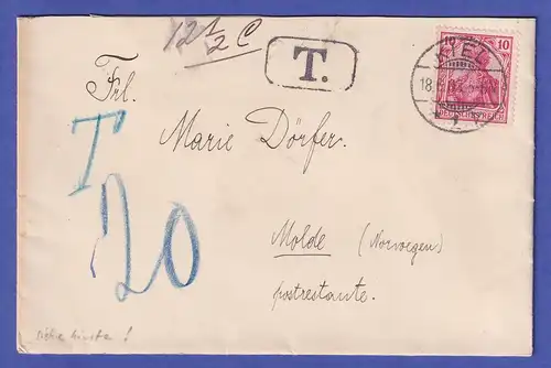 Dt. Reich Germania 10 Pfg Mi.-Nr. 70 auf Brief O KIEL nach Molde (Norwegen) 1903