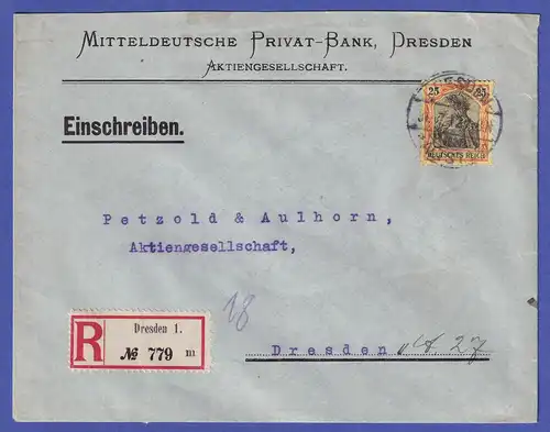 Deutsches Reich Germania 25 Pfg Mi.-Nr. 88 I auf R-Brief O DRESDEN 1912