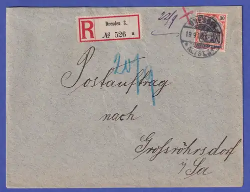 Deutsches Reich Germania 30 Pfg Mi.-Nr. 89 I x auf R-Brief O DRESDEN 1912