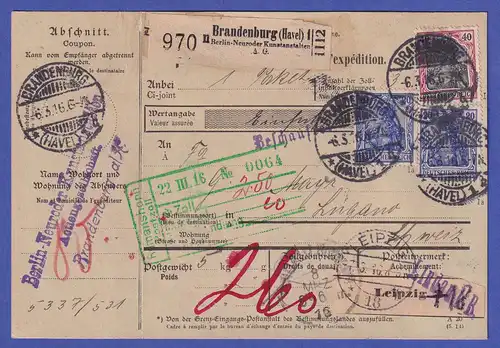 Dt. Reich Mi.-Nr. 87 I und 90 I auf Paketkarte O BRANDENBURG (HAVEL) 1916