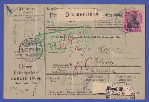 Dt. Reich Mi.-Nr. 93 I auf Paketkarte O BERLIN nach Basel (Schweiz) 1912