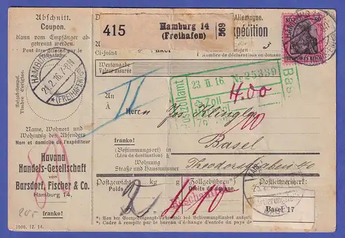 Dt. Reich Mi.-Nr. 93 I auf Paketkarte O HAMBURG nach Basel (Schweiz) 1916
