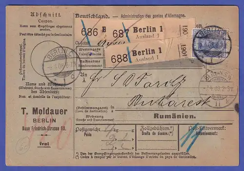 Dt. Reich Mi.-Nr. 87 I und 95 A I auf Paketkarte O BERLIN nach Bukarest 1908