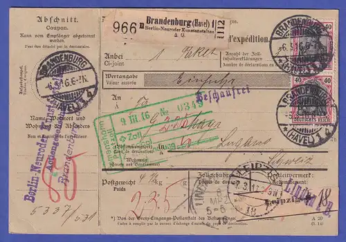 Dt. Reich Mi.-Nr. 90 II b auf Paketkarte O BRANDENBURG (HAVEL) nach Lugano 1916