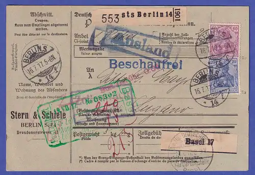 Dt. Reich Mi.-Nr. 87 II a und 92 II a auf Paketkarte O BERLIN nach Lugano 1917