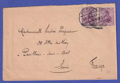 Deutsches Reich Mi.-Nr. 92 II b Paar auf Brief nach Les Pavillons-sous-Bois