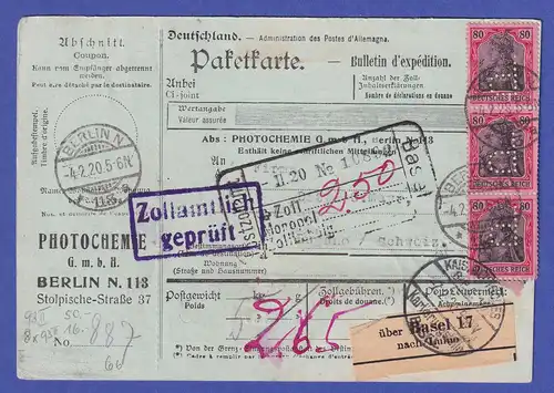 Dt. Reich Mi.-Nr. 93 II b in MEF auf Paketkarte O BERLIN nach Lugano 1920