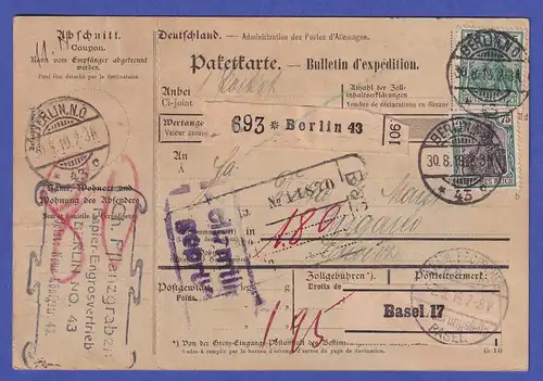 Dt. Reich Mi.-Nr. 85 II d und 104 b auf Paketkarte O BERLIN nach Lugano 1919