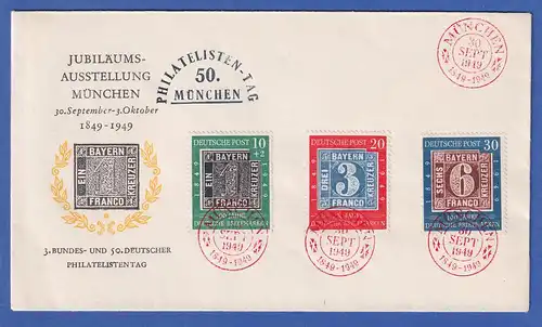 Bund 1949 Bayern-Marken Mi.-Nr. 113-15 mit rotem So-O München 30.9.49 auf FDC