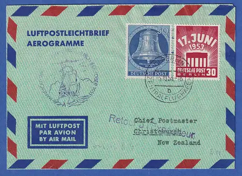 Berlin 1953 Aerogramm mit 17.Juni und Glocke Mi.-Nr. 104 gel. nach Neuseeland