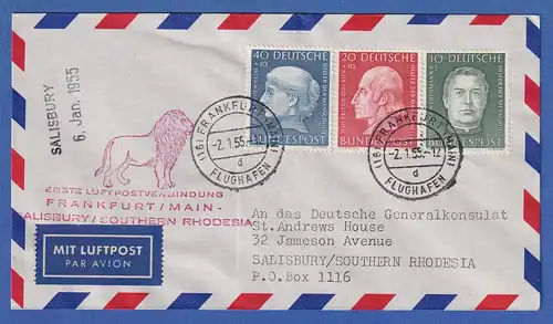 Bund 1954 Wohlfahrt Mi-Nr. 201-203 auf Lp-Erstflugbrief ab Frankfurt - Rhodesien