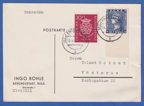 Bund 1950 Bachsiegel 20Pfg Mi.-Nr. 122 auf Auslands-Postkarte n. Schweden 