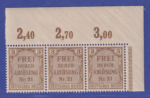 Deutsches Reich 1903 Dienstmarken 3 Pfg Mi.-Nr. 2 Eckrand-Dreierstreifen OR **