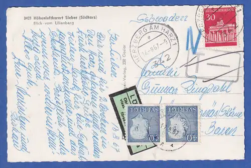 Bund Mi.-Nr. 508 auf AK Sieber im Harz gel. nach Schweden, dort nachtaxiert