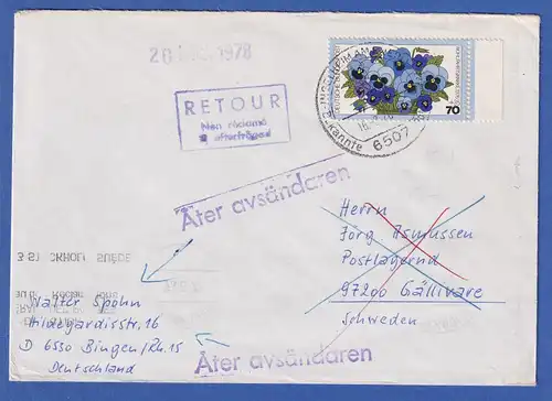 Bund 1976 Retour-Brief nach Schweden mit EF Wohlfahrt 70Pfg Mi.-Nr. 907