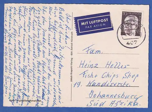 Bund Heinemann 70Pfg Mi.-Nr. 641 EF auf Lp-Postkarte ab Rheydt n. Südafrika 1975