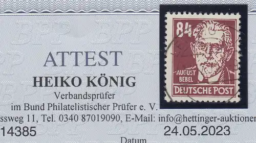 DDR 1953  Köpfe II  84Pfg-Spitzenwert  Mi.-Nr. 341 vaXI echt O mit Attest König