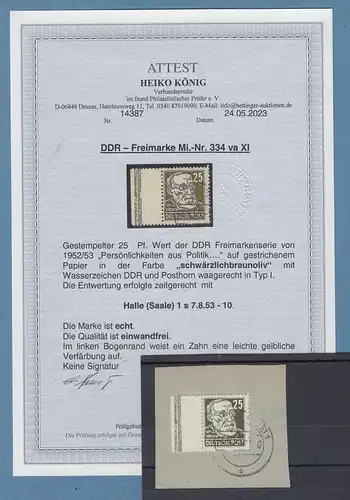 DDR 1953  Köpfe II  25Pfg-Spitzenwert  Mi.-Nr. 334 vaXI echt O mit Attest König