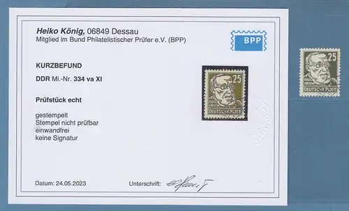 DDR 1953  Köpfe II  25Pfg-Spitzenwert  Mi.-Nr. 334 va XI gest. mit Befund König