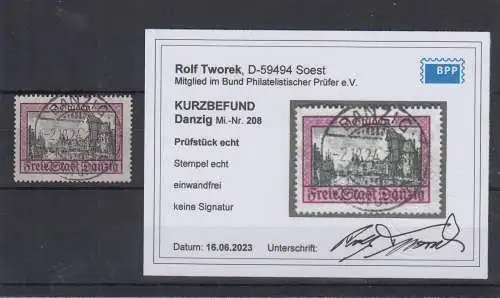 Danzig 1924 Freimarke Stadtansichten 2 Gulden Mi.-Nr. 208 gestempelt Befund BPP