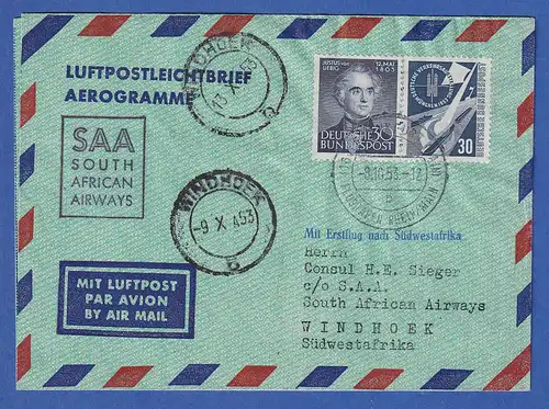 Bund Mi.-Nr. 166 und 170 auf Aurogramm 1953 mit SAA befördert nach Südwestafrika