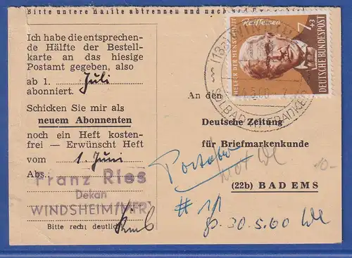 Bund Wohlfahrt 1958 Mi.-Nr. 297 als EF auf kleiner Drucksachenkarte an die DBZ