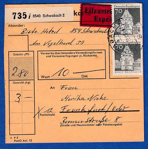 Bund gr. Bauwerke 70Pfg Mi.-Nr. 497 2 senkr. Paare als MEF auf Paketkarte, 1969