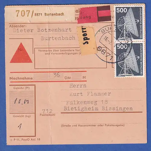 Bund Technik 500Pfg Mi.-Nr. 859  senkr. Paar als MEF auf Paketkarte, 1979