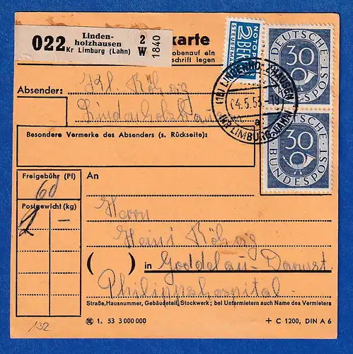 Bund Posthorn 30Pfg Mi.-Nr. 132  senkr. Paar als MEF auf Paketkarte, 1953