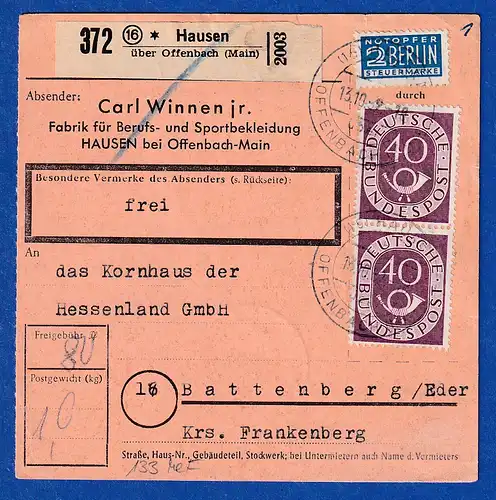 Bund Posthorn 40Pfg Mi.-Nr. 133  senkr. Paar als MEF auf Paketkarte, 1952