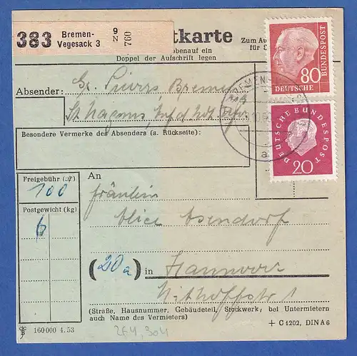 Bund Heuss 80Pfg Mi.-Nr. 264 in MIF auf Paketkarte 1960, O BREMEN-VEGESACK