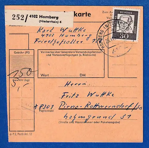 Bund Kant 30Pfg Mi.-Nr. 354y 5 Stück als MEF auf Paketkarte 1965, O HOMBERG