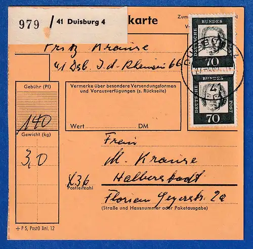 Bund Beethoven 70Pfg Mi.-Nr. 358ya als MEF auf Paketkarte 1965, O DUISBURG