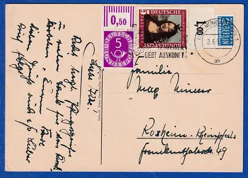 Bund Posthorn 5Pfg mit Oberrand in MIF auf Postkarte aus München, 1952