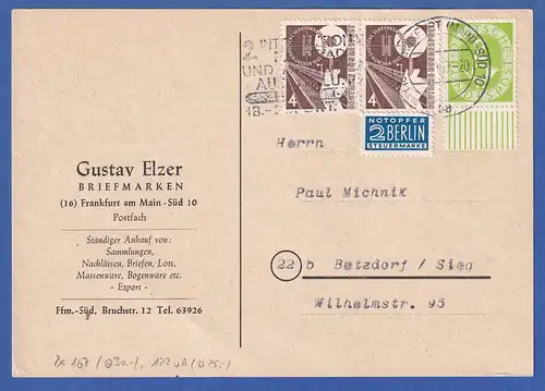 Bund Posthorn 2Pfg mit Unterrand in MIF auf Postkarte aus Frankfurt, 1953