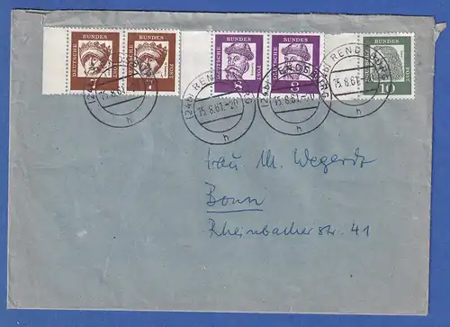 Bund Bed. Deutsche 2 Paare und ein Randstück auf Doppelbrief, O RENDSBURG 1961