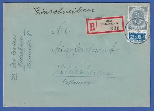 Bund Posthorn 50 Pfg Mi.-Nr. 134 als EF auf Orts-R-Brief aus Hildesheim, 1953