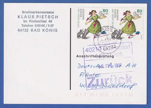 Bund Jugend 1994 Paulinchen Mi.-Nr. 1726 MEF auf Anschriftenprüfung, O BAD KÖNIG