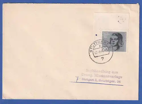Bund 1964 Einzelmarke aus Block 3 Sophie Scholl auf Brief, O Stuttgart