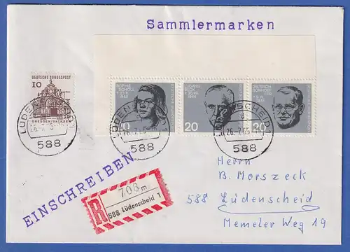 Bund 1964 Zusammendruck aus Block 3 431-432-433 in MIF auf R-Brief O Lüdenscheid