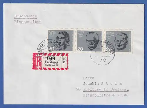 Bund 1964 Zusammendruck aus Block 3 431-432-433 auf R-Drucksache O FREIBURG